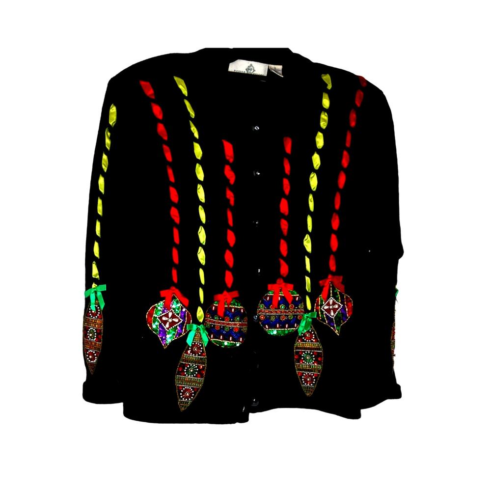 Vtg Design Options Christmas Cardigan Lambswool Angora Beaded Ornament Sweater M